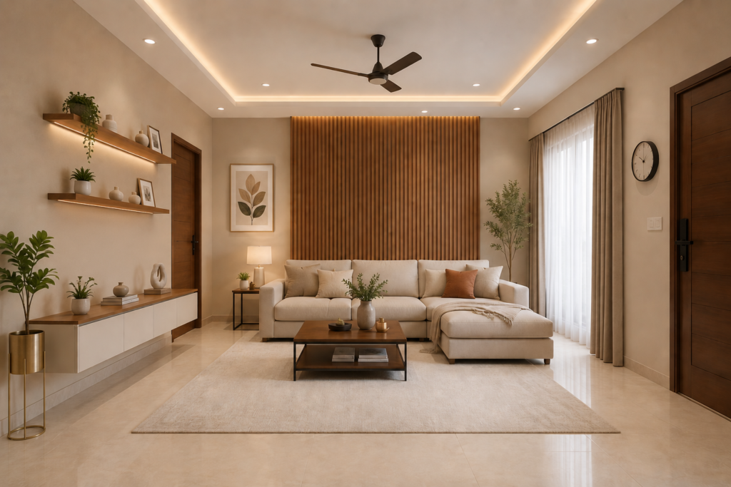 "Beige accent wall living room with wooden slats and cream sofa"

