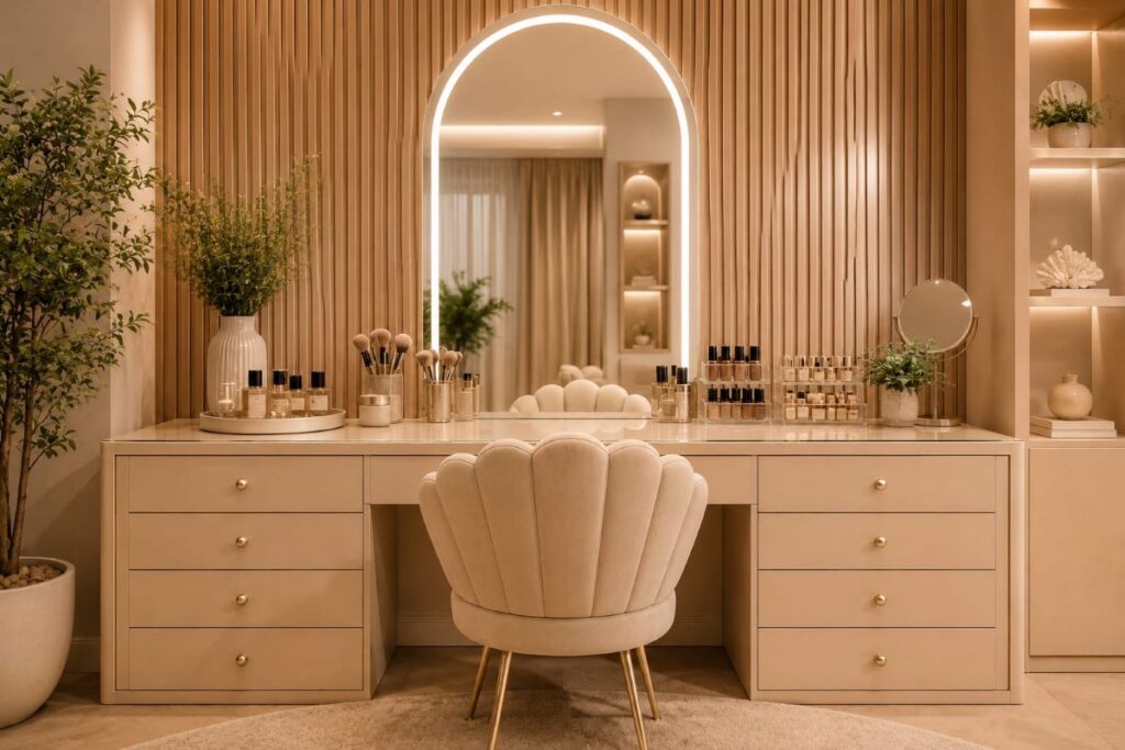 Arched mirror vanity with wood slat panels and decorative accents