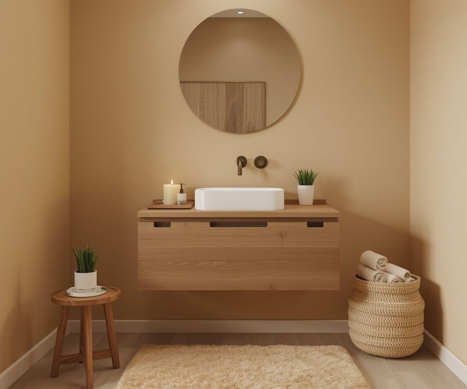 "beige bathroom decor with wooden tray candle succulent and fluffy beige bath mat"