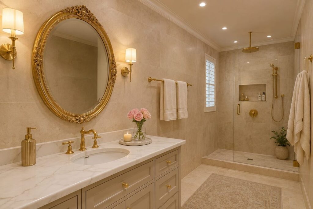  "beige bathroom with gold accents brushed gold taps ornate mirror and cream towels"