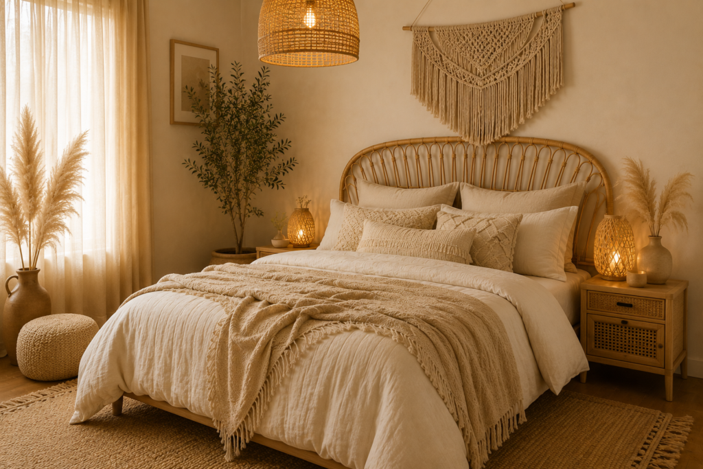 Beige boho bedroom with rattan headboard and layered textured bedding.