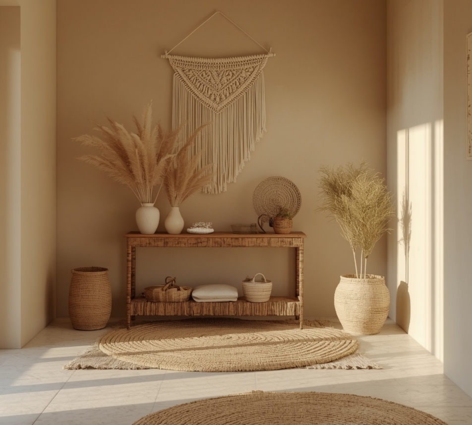 entrance  with rattan mirror macrame wall hanging and woven basket