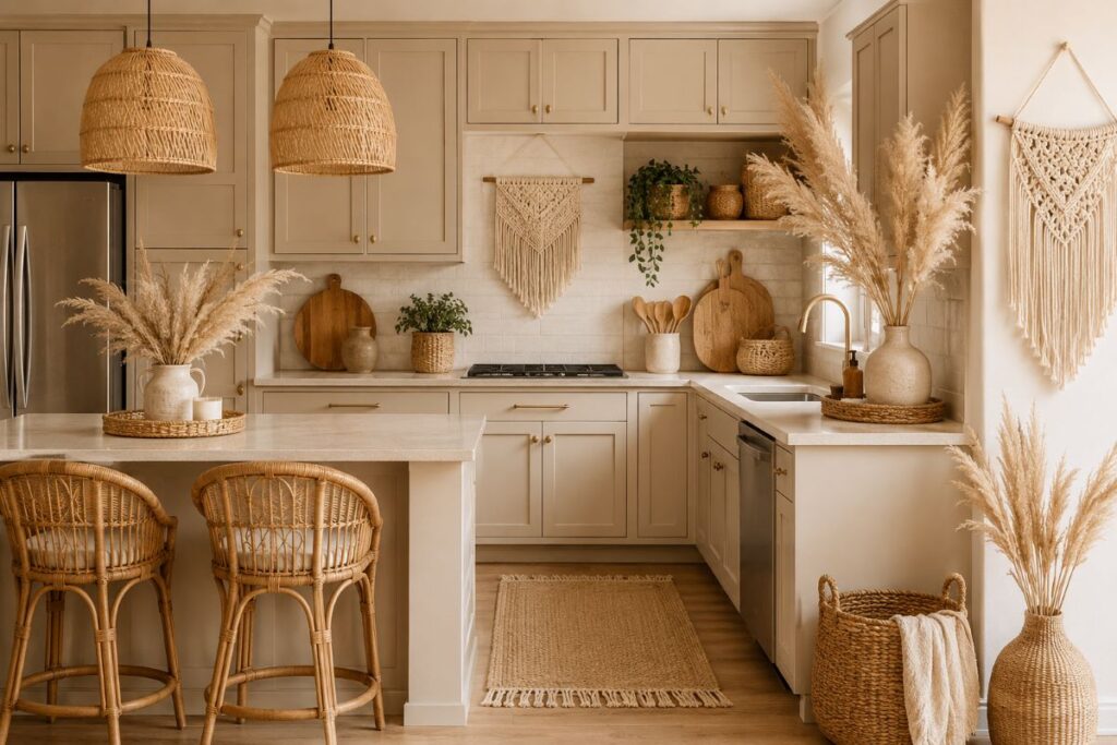 "Beige boho kitchen with rattan accents woven baskets and indoor plants"
