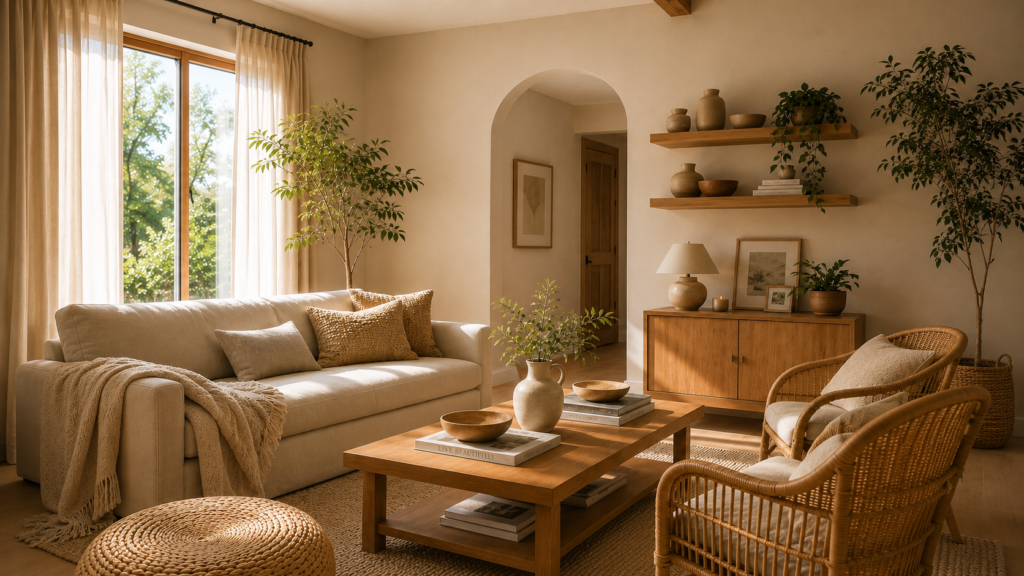 "Beige boho living room with rattan chair jute rug and indoor plants"
