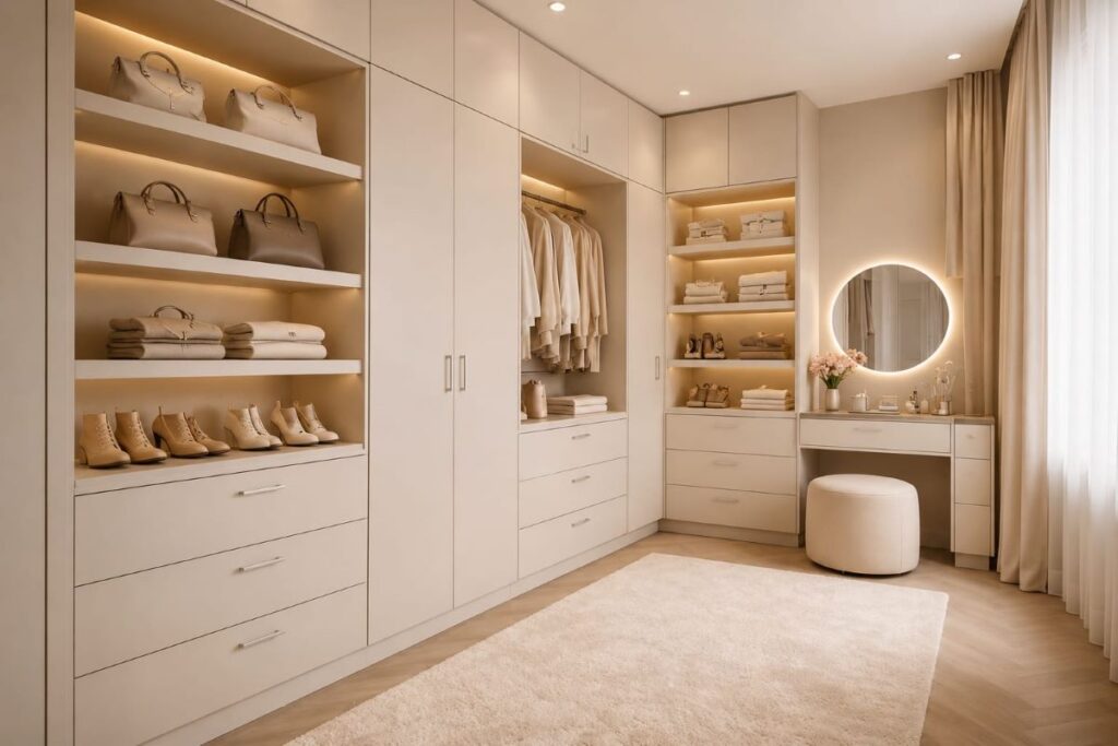 Contemporary closet vanity setup with coordinated storage solutions