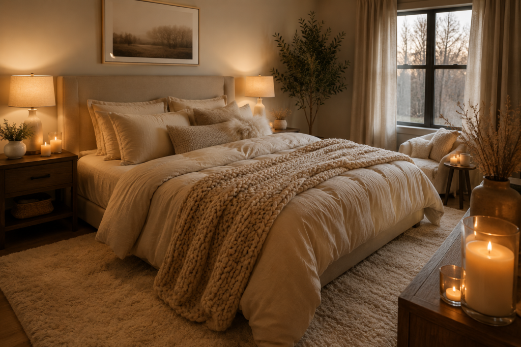 Beige cozy bedroom with fluffy duvet chunky knit throw and warm amber lighting.