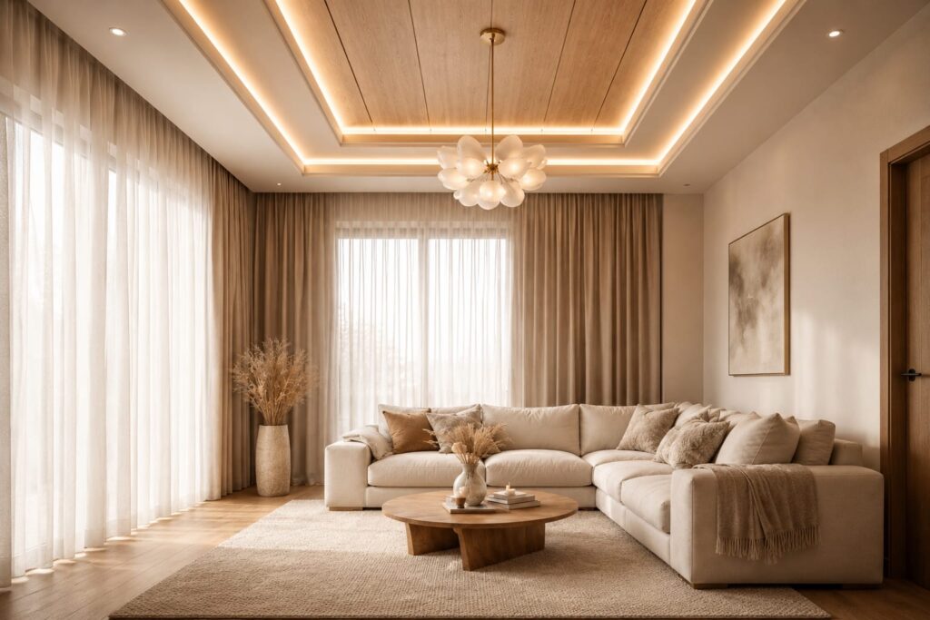 "Beige cozy living room with cream sectional sofa and warm LED ceiling lighting"
