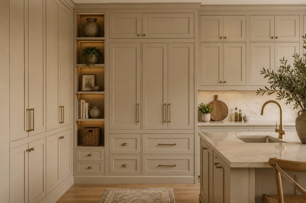 "Beige kitchen cupboards floor to ceiling with gold hardware and marble countertops" 