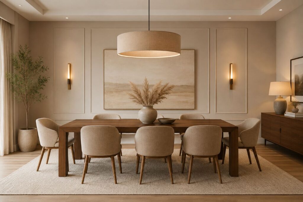Warm beige dining space with wooden dining table and natural textures.