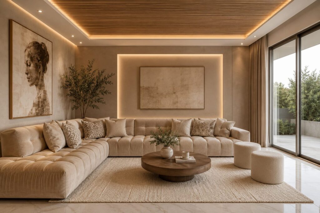 "Beige elegant living room with velvet sectional sofa and wooden slat ceiling"
