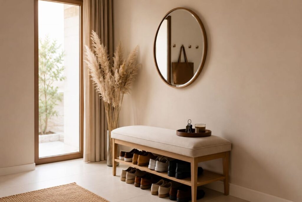 wood bench with shoe storage oval mirror and dried pampas grass