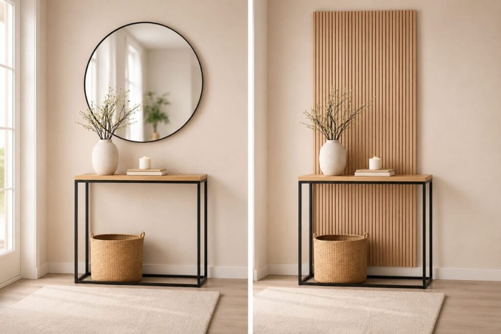 "minimalist console table with round mirror and wood slat panel two ways"
