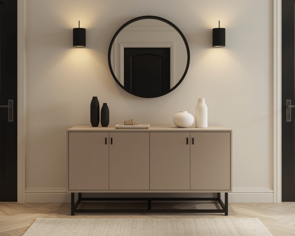 Black accents matte, black mirror hooks and console entrance