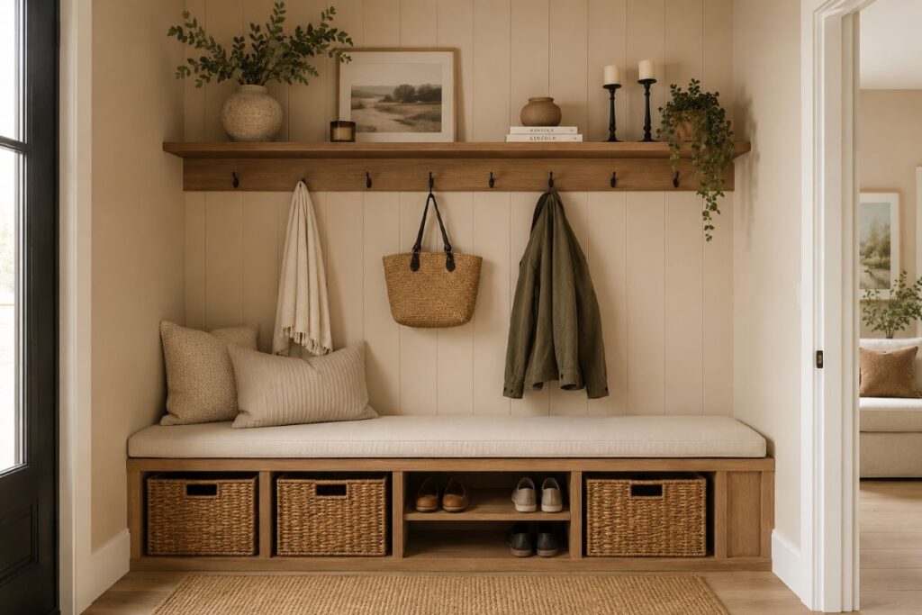 " Modern beige entry space with wall hooks coat rack storage basket and mirror"