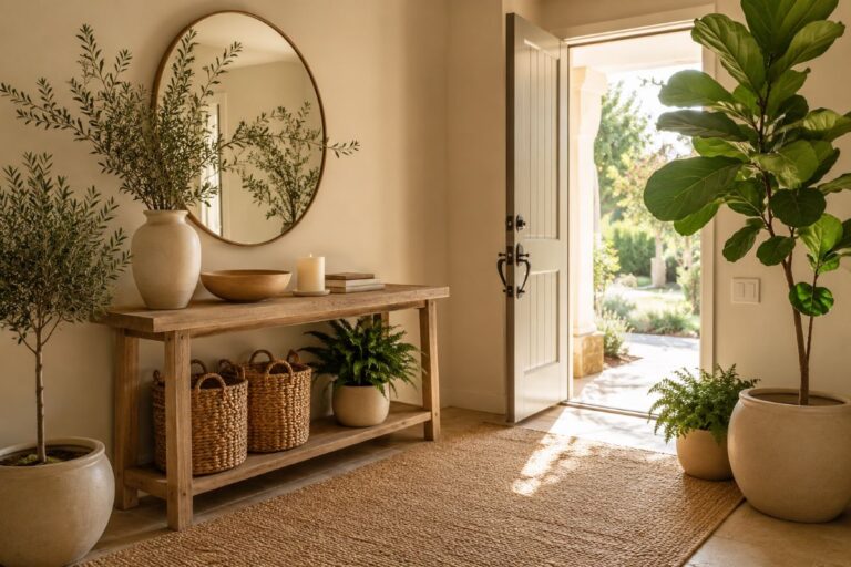 Beige entryway with plants decor for modern interior