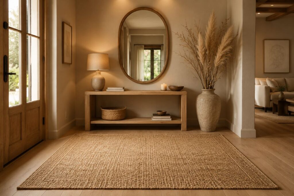 Aesthetic entryway with jute rug console table and dried branch vase