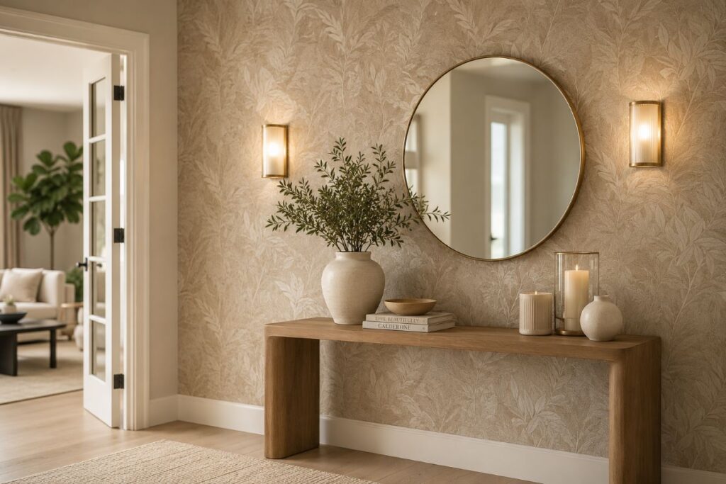  Textured wallpaper console table and warm lighting