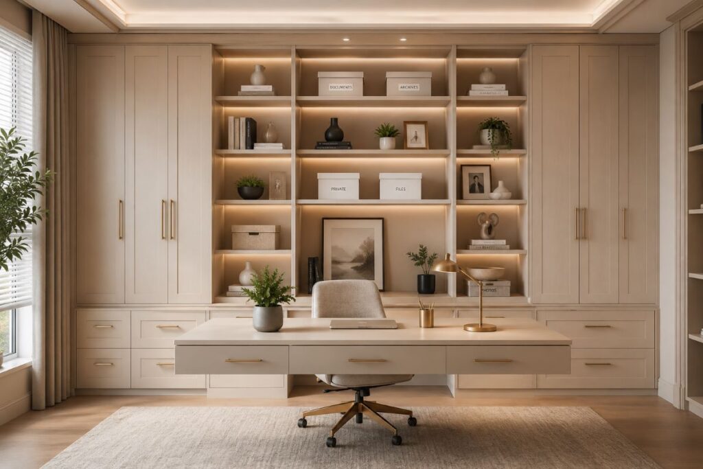 Beige home office with organized cabinetry system with shelves and warm lighting