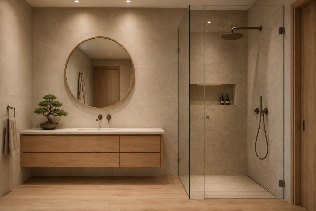 "beige Japandi bathroom with oak vanity concrete tiles and glass shower enclosure"
