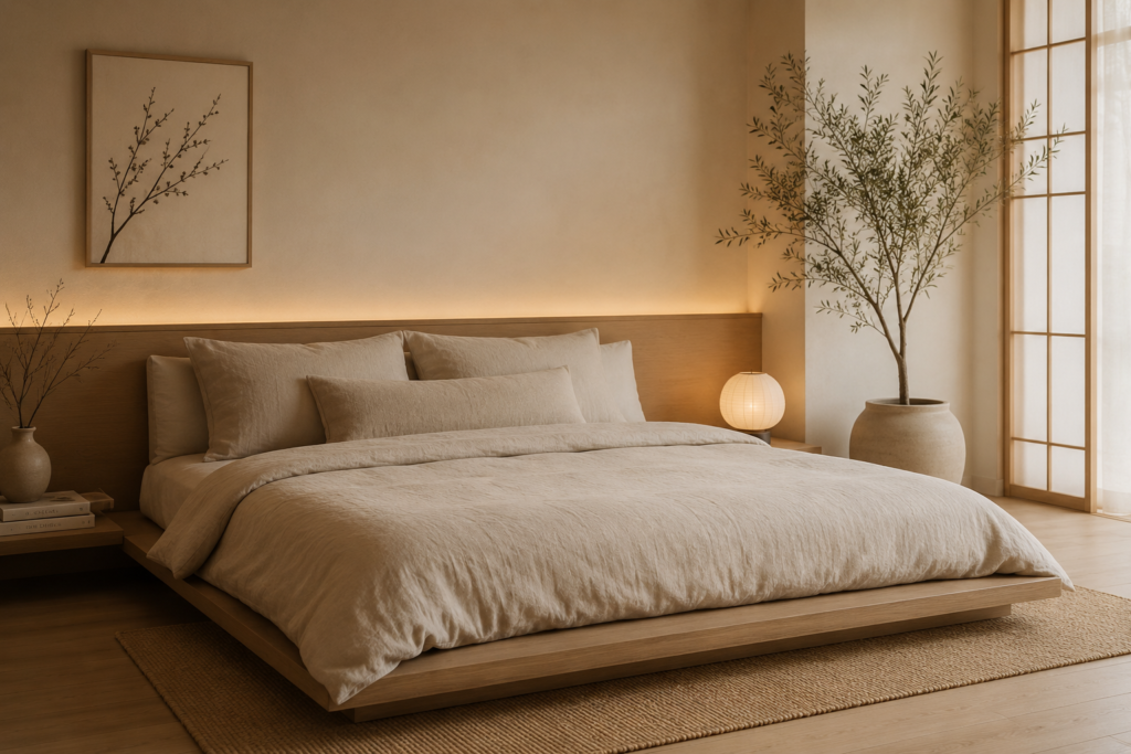 Beige Japandi bedroom with low wooden bed, minimal decor and soft lighting.