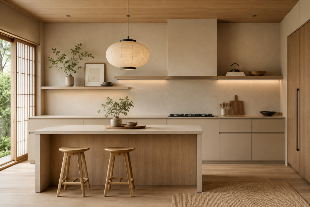 "Beige Japandi kitchen with flat front cabinets natural wood and minimal decor"
