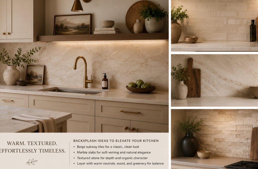 "Beige open shelf kitchen with wood shelving marble backsplash and natural light"

