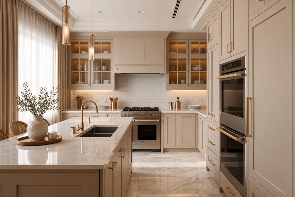 "Beige kitchen cabinets shaker style with gold hardware and marble floors"

