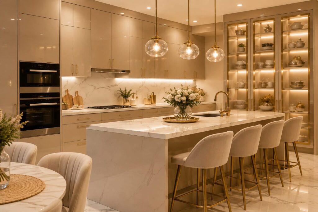 "Beige kitchen with island gold hardware and marble countertops"
