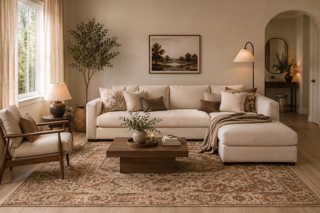 "Beige rug living room with cream linen sofa and natural wood coffee table"
