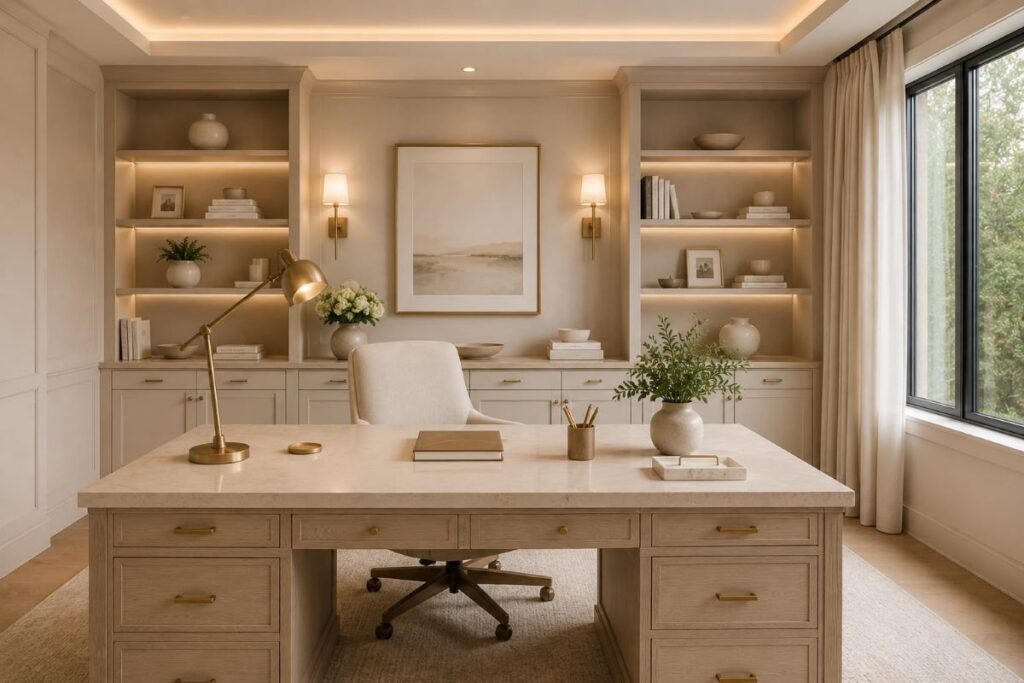 Elegant workspace with cream desk and brass accents