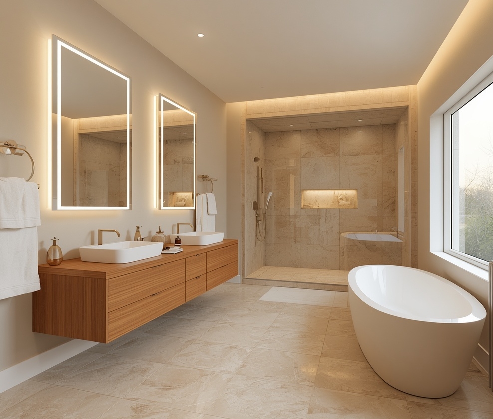  "beige master bathroom with double vanity freestanding bathtub and walk in shower"