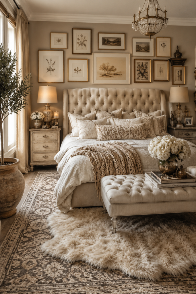 Beige maximalist bedroom with tufted headboard, layered rugs and neutral gallery wall.