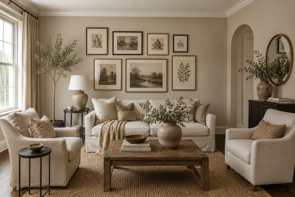 "Beige maximalist living room with layered textures gallery wall and pampas grass"
