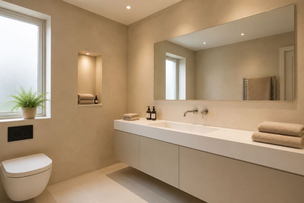 "beige minimalist bathroom with floating vanity clean lines and soft recessed lighting"
