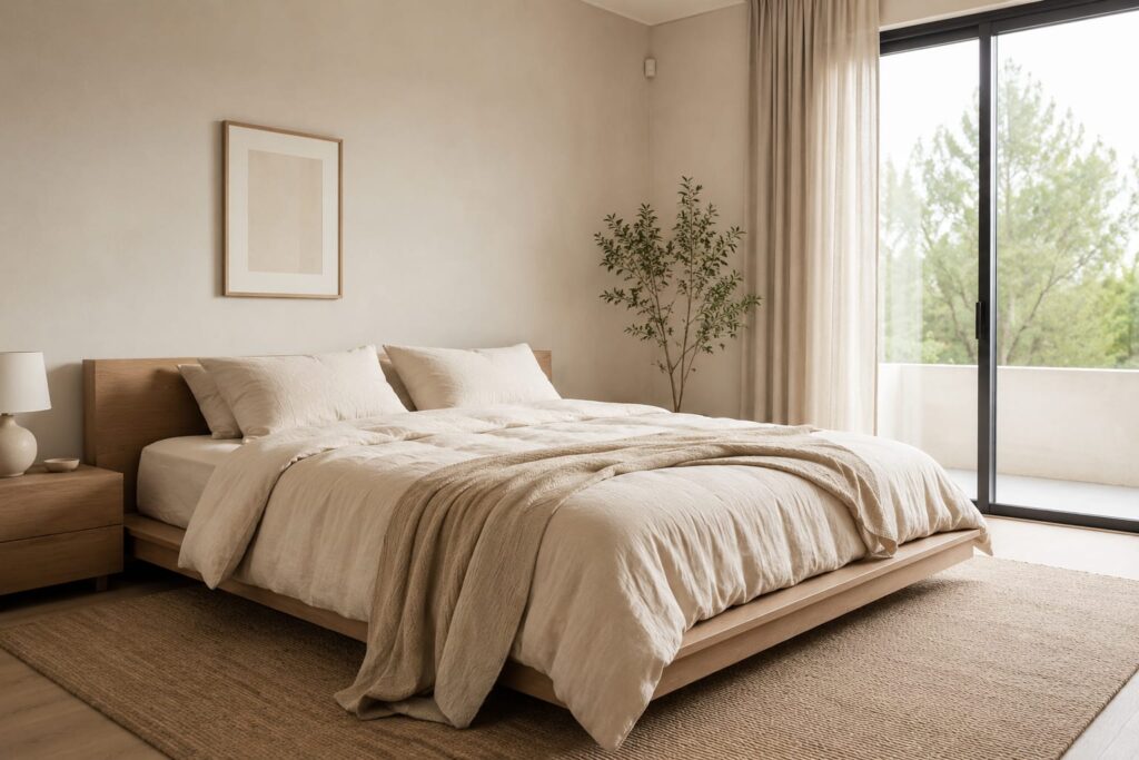 Beige minimalist bedroom decor with cream linen bedding and wooden bed frame
