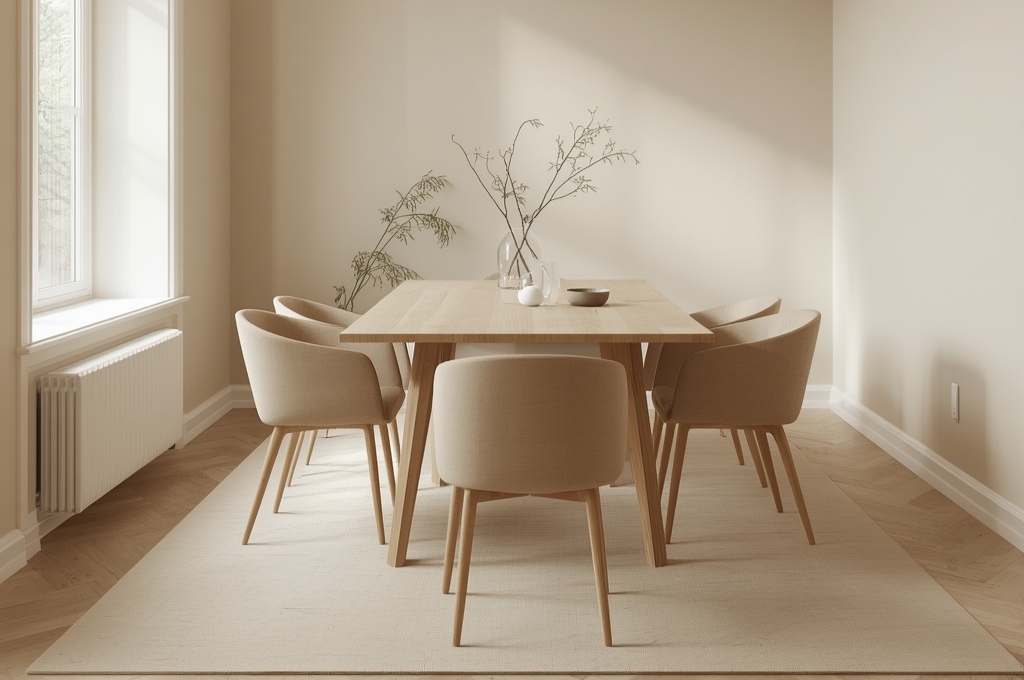Minimal beige dining room with simple wooden table and soft neutral tones.

