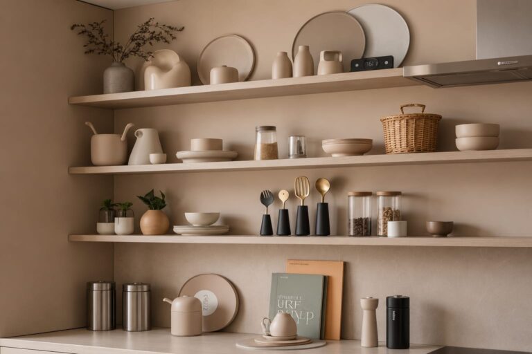"Beige minimalist kitchen shelves with ceramic dishes and neutral decor"