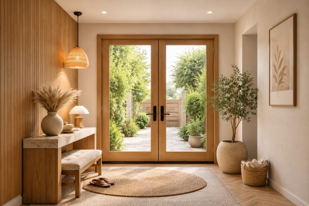 warm organic modern entryway with wood panels rattan light and olive tree
