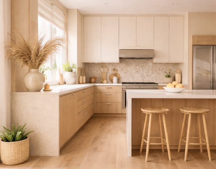 "Beige organic modern kitchen with light wood cabinets and natural hardwood floors"
