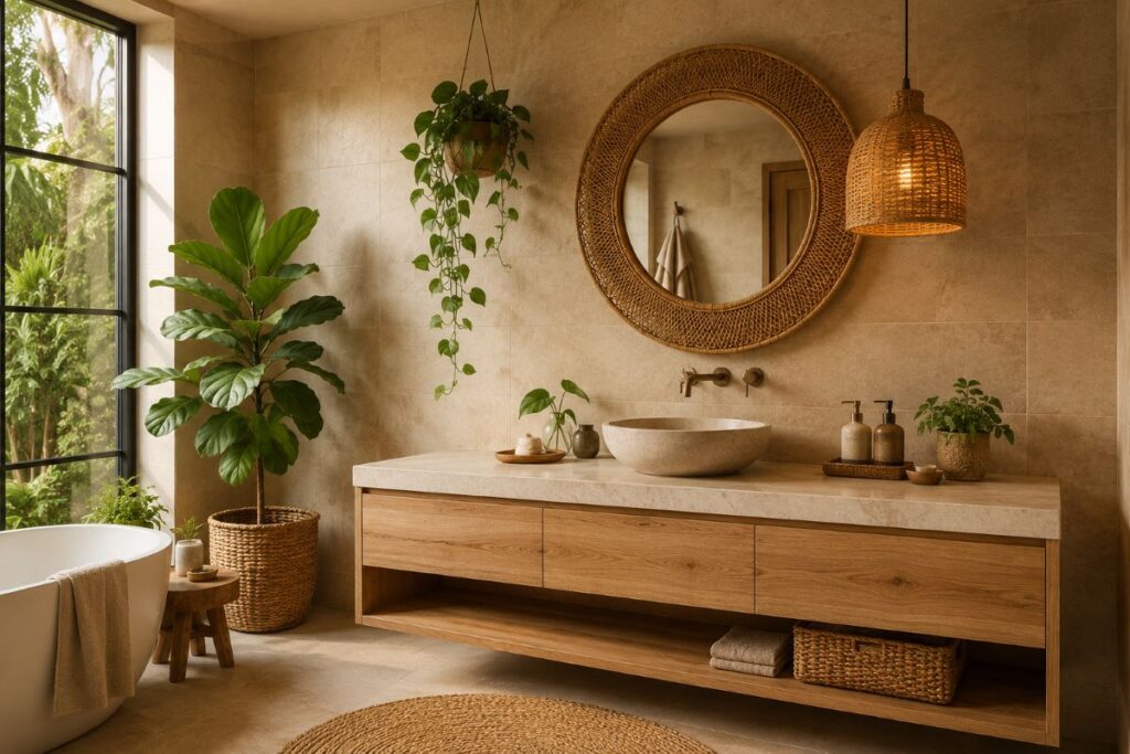 "beige organic modern bathroom with wood vanity stone countertop and indoor plants"
