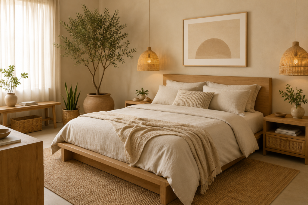Beige organic modern bedroom with natural wood jute rug for beige home decor inspirations