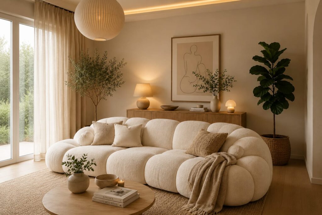 "Beige organic modern living room with cream boucle sofa and indoor plants"
