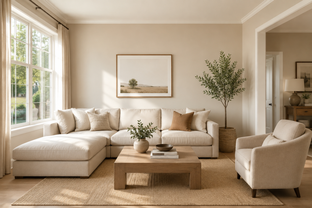 "Beige paint colors living room with soft neutral walls and natural light"
