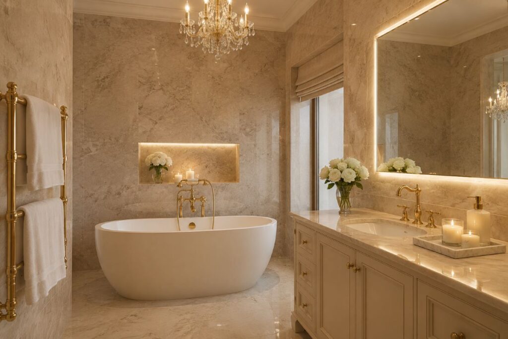  "beige quiet luxury bathroom with marble walls gold fixtures and freestanding bathtub"