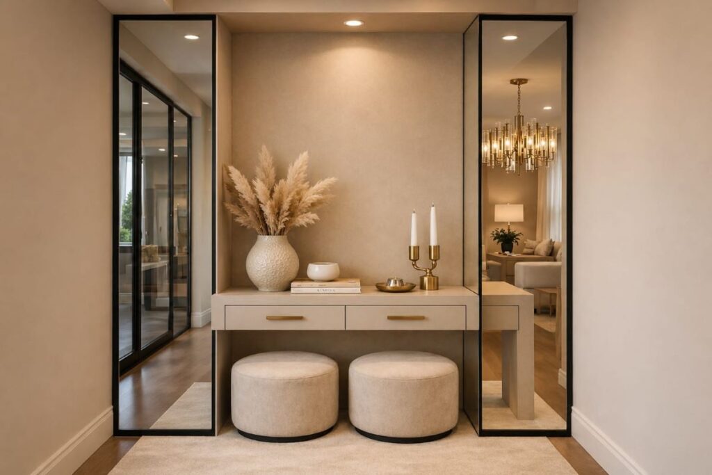 "elegant entrance with full length mirrors gold accents and pampas grass"
