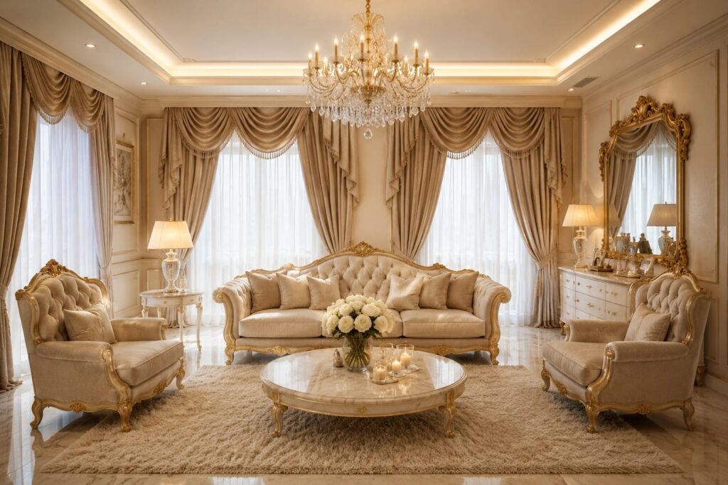 "Beige quiet luxury living room with coffered ceiling cream sofas and candles"
