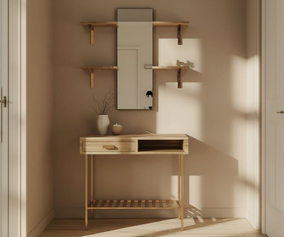 small nook with floating shelf mirror and minimal accessories