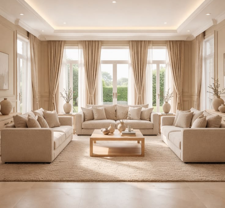"Beige sofa living room with cream linen sofas and natural wood coffee table"
