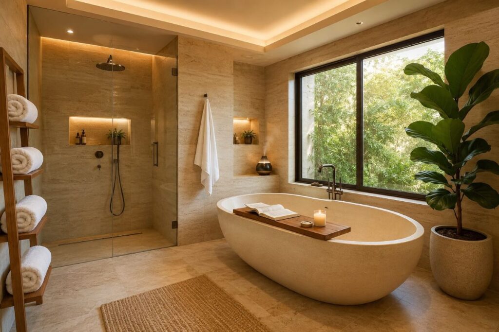 "beige spa bathroom with freestanding bathtub travertine stone tiles and indoor plant"