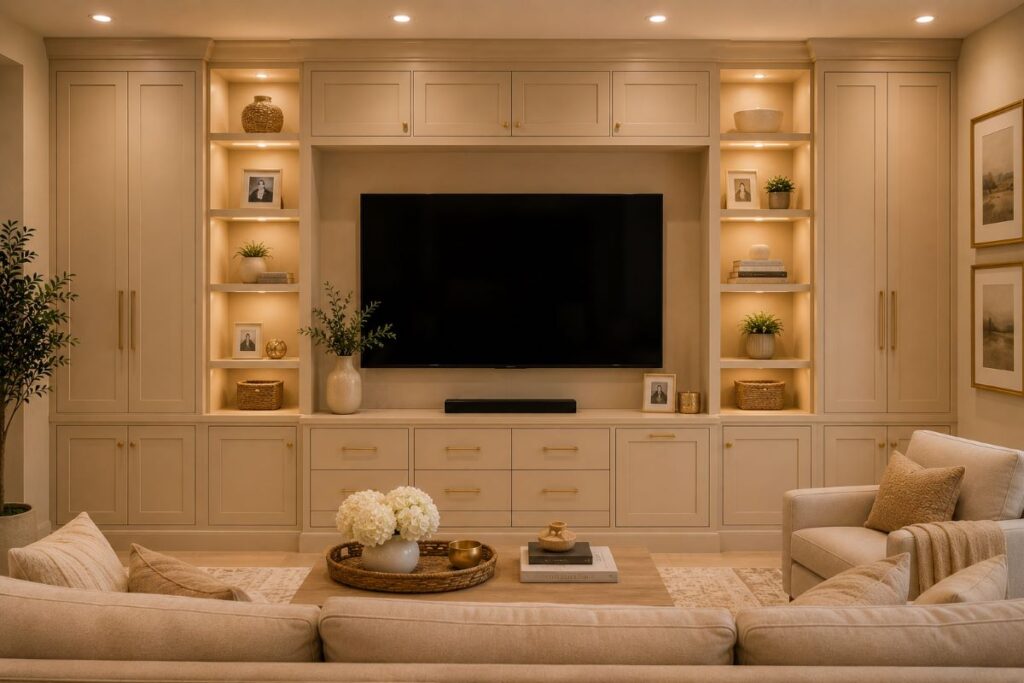 Beige TV lounge with floor-to-ceiling built-in storage cabinetry
